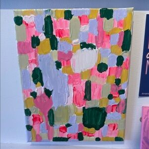 Sarah Shirley  Abstract Canvas Painting in Pink, Green, Lavender & Gold 8x10